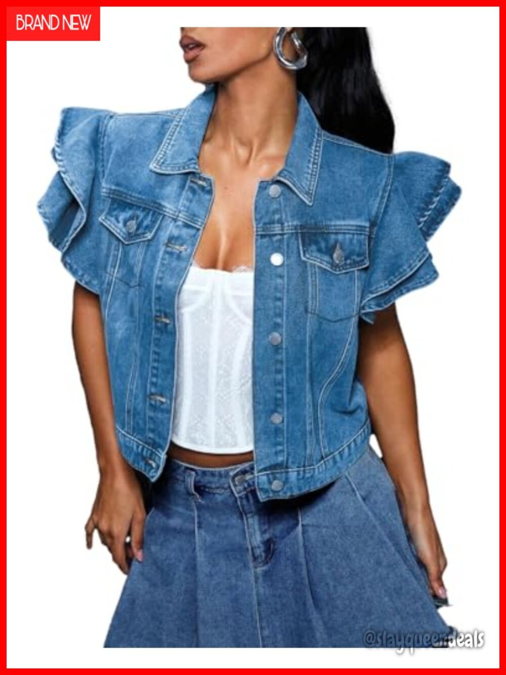 LifeShe Cropped Denim Jacket Ruffle Sleeve Button Down Summer Jean Jacket